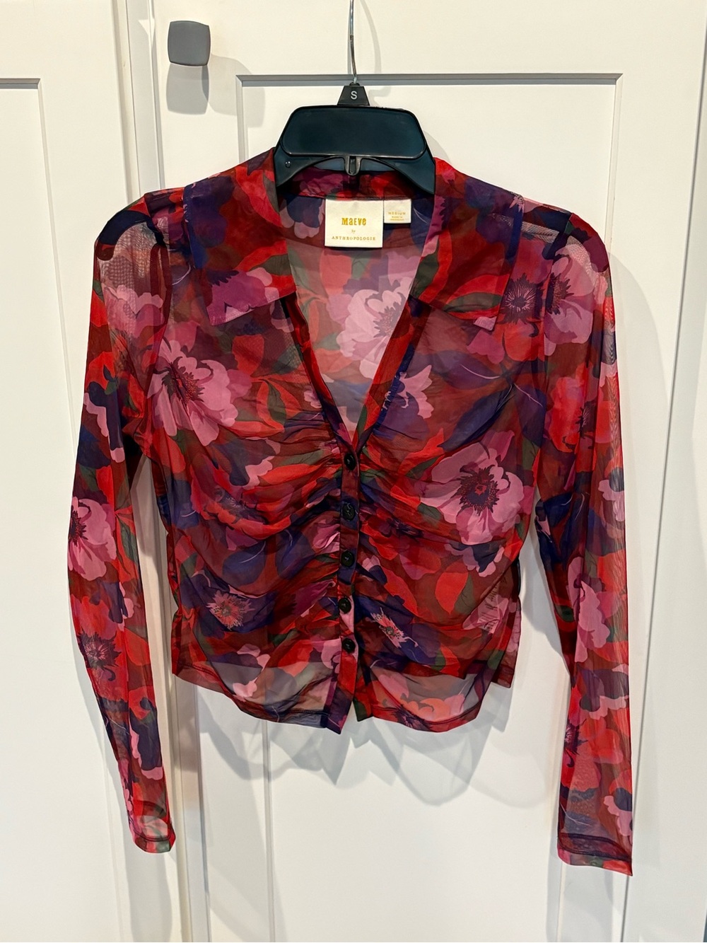 Anthropologie Red Pink Floral Sheer Ruched Button-Front Blouse